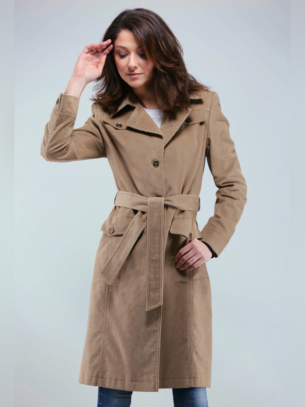 VIEMA Brown Corduroy Belted Trench Coat 100% Cotton US 4